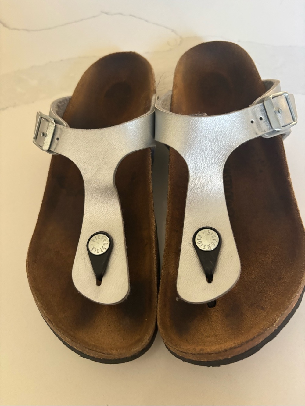 Birkenstock Silver T-Strap Sandals